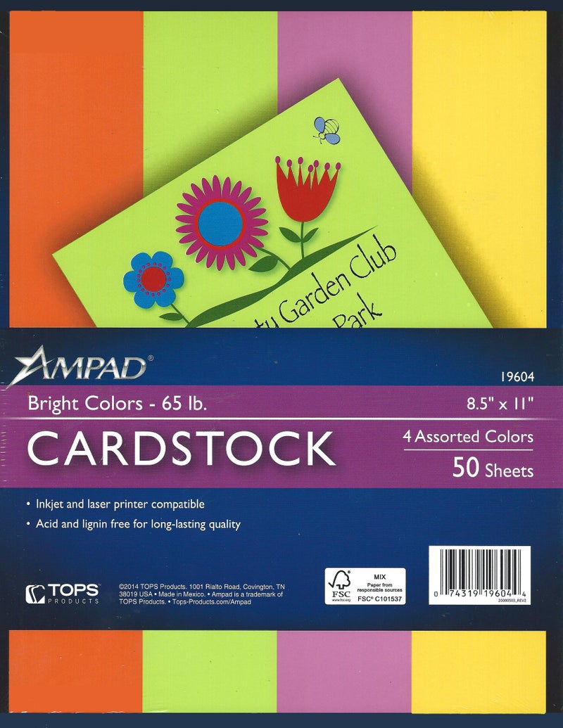 Neon Bright Colors Printable Cardstock Paper 8 1/2"x11" - Inkjet/Laser - 4 Colors - 50 Sheets